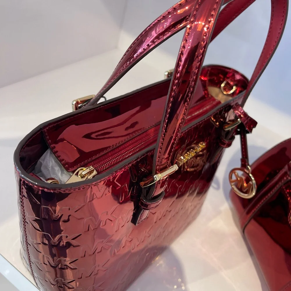 MICHAEL KORS Jet Set Extra-Sm Metallic Logo Debossed Convertible TZ Tote Cherry